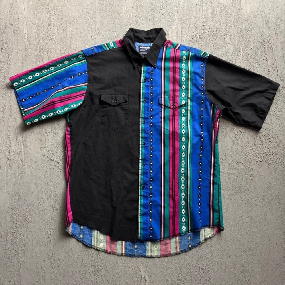 Vintage Wrangler Western Shirt XL Black 1990s Aztec Striped Cowboy